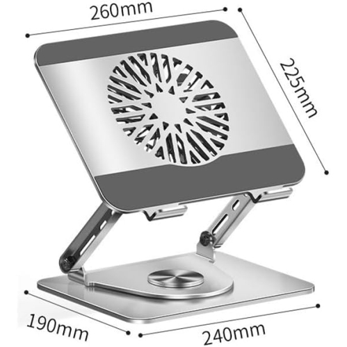 Laptop stand with 360° swivel base, dual pivot fully foldable and adjustable, with fan