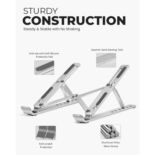 Aluminum Portable Laptop Stand, Height Adjustable, Ventilated Folding Lap/Desk Laptop Stand with Carrying Case for Laptops, MacBooks, Tablets and