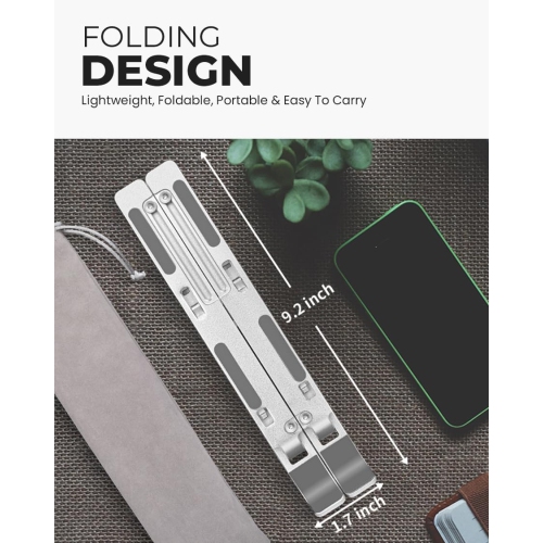 Aluminum Portable Laptop Stand, Height Adjustable, Ventilated Folding Lap/Desk Laptop Stand with Carrying Case for Laptops, MacBooks, Tablets and