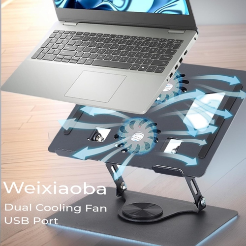 Laptop Stand with Dual Cooling Fans, 360° Rotating Aluminum Alloy Steel Computer Stand for Laptops with Non-Slip Pads to Help Heat Dissipation - Black