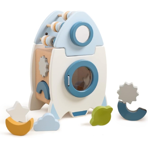 Wooden Rocket Activity Cube - 5-in-1 Montessori Learning Toy with Shape Sorter, Counting Beads and Star Spinner - Space Themed Toddler Toy -