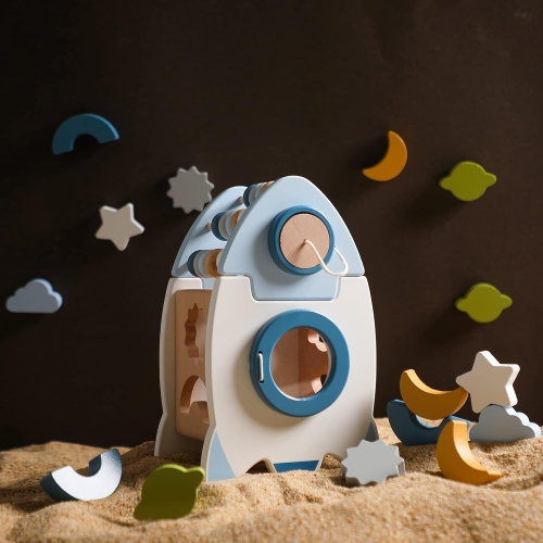 Wooden Rocket Activity Cube - 5-in-1 Montessori Learning Toy with Shape Sorter, Counting Beads and Star Spinner - Space Themed Toddler Toy -