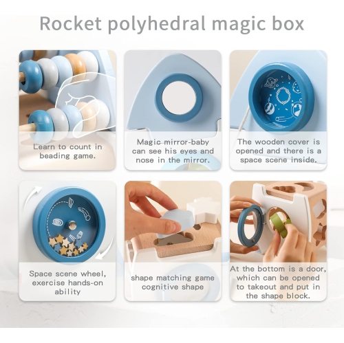 Wooden Rocket Activity Cube - 5-in-1 Montessori Learning Toy with Shape Sorter, Counting Beads and Star Spinner - Space Themed Toddler Toy -