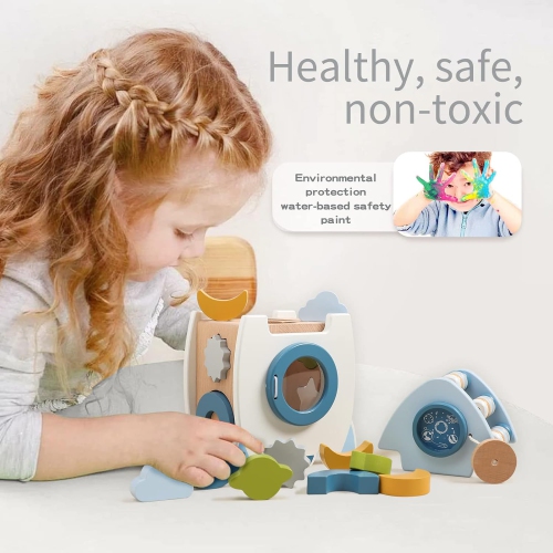 Wooden Rocket Activity Cube - 5-in-1 Montessori Learning Toy with Shape Sorter, Counting Beads and Star Spinner - Space Themed Toddler Toy -