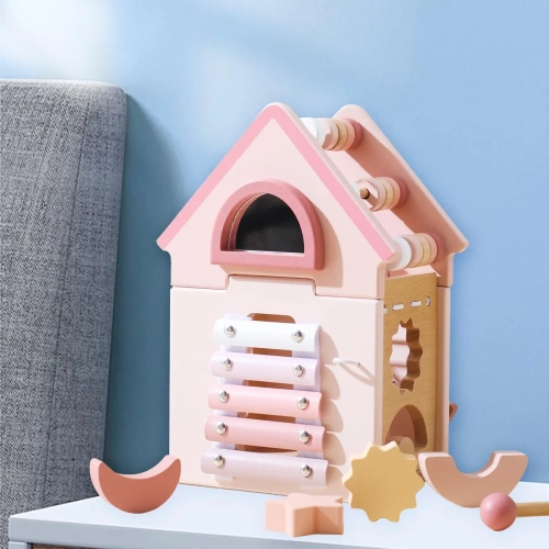 Wooden Activity Cube - House 5-in-1 Learning Toy with Shape Sorter, Musical Xylophone and Abacus - Early Childhood Educational Toy to Develop Fine