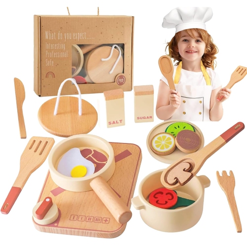 Deluxe 18-Piece Wooden Kids Kitchen Play Set - Complete Cooking Simulator with Pots, Food Slicer and More - Wooden Toys for Toddlers - Perfect Gift