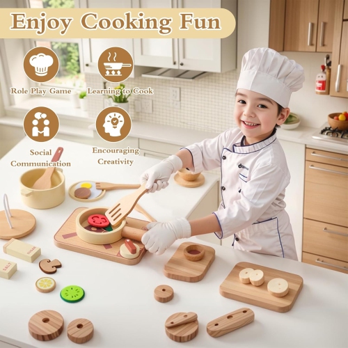 Deluxe 18-Piece Wooden Kids Kitchen Play Set - Complete Cooking Simulator with Pots, Food Slicer and More - Wooden Toys for Toddlers - Perfect Gift
