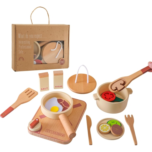 Deluxe 18-Piece Wooden Kids Kitchen Play Set - Complete Cooking Simulator with Pots, Food Slicer and More - Wooden Toys for Toddlers - Perfect Gift