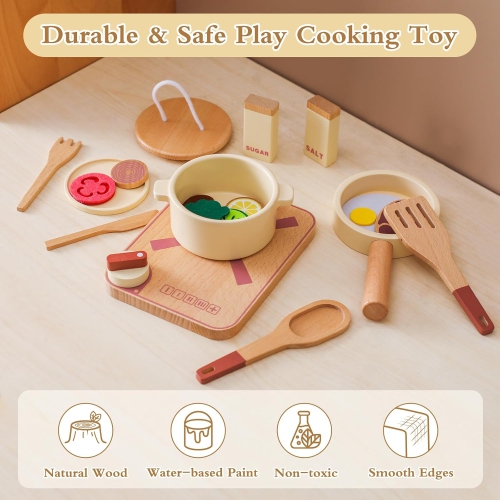 Deluxe 18-Piece Wooden Kids Kitchen Play Set - Complete Cooking Simulator with Pots, Food Slicer and More - Wooden Toys for Toddlers - Perfect Gift