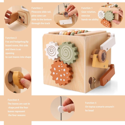 Wooden Activity Cube - 5-in-1 Educational Baby Toy with Shape Sorter, Xylophone and Bead Maze - Fine Motor Skill Development Toy - Eco-Friendly Gift