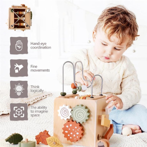 Wooden Activity Cube - 5-in-1 Educational Baby Toy with Shape Sorter, Xylophone and Bead Maze - Fine Motor Skill Development Toy - Eco-Friendly Gift
