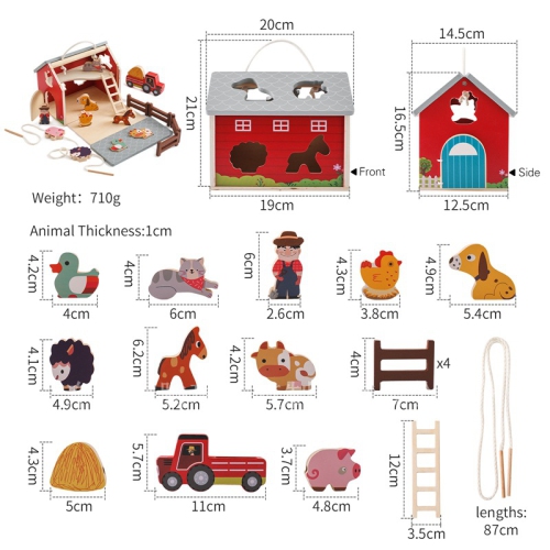 Large Wooden Farm Barn Playset - Simulation Building Blocks with Tractor, Farmer and Animals - Portable Educational Farm Toy for Toddlers -