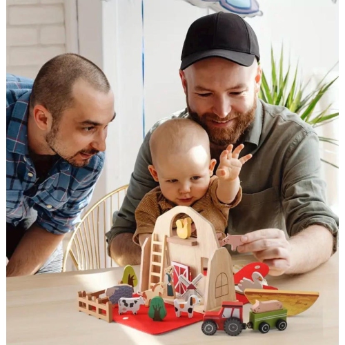 Wooden Farm Animals Playset - Toddler Educational Shape Sorter and Finger Puppet Playset - Eco-Friendly Learning Barn with Sturdy Animal Models -