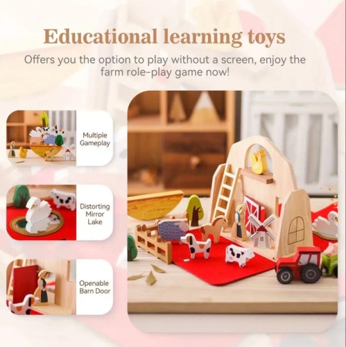 Wooden Farm Animals Playset - Toddler Educational Shape Sorter and Finger Puppet Playset - Eco-Friendly Learning Barn with Sturdy Animal Models -