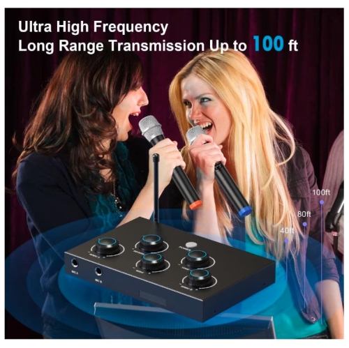 Open Box - DigitNow Portable Karaoke Microphone Mixer System Set, with Dual UHF Wireless Mic, HDMI-ARC/Optical/AUX & HDMI in/Out