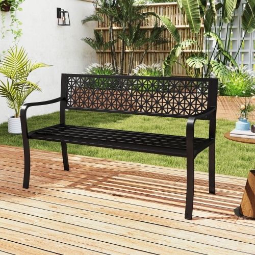 Costway 50" Garden Bench with Patterned Backrest and Curved Armrests for Porch Lawn