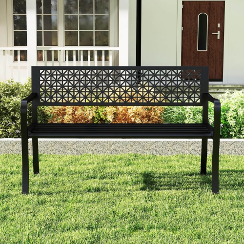 Costway 50" Garden Bench with Patterned Backrest and Curved Armrests for Porch Lawn