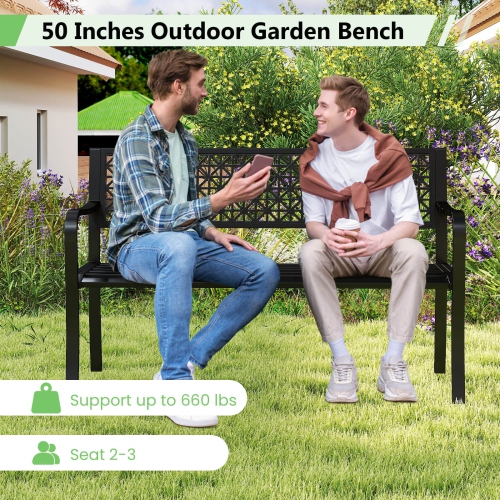 Costway 50" Garden Bench with Patterned Backrest and Curved Armrests for Porch Lawn