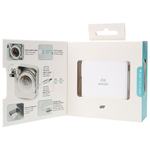 LBT 45W USB Type-C PD Wall Charger with Built-In Retractable Cable