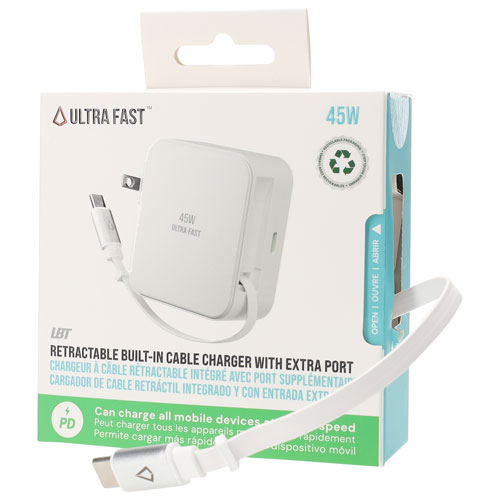 LBT 45W USB Type-C PD Wall Charger with Built-In Retractable Cable