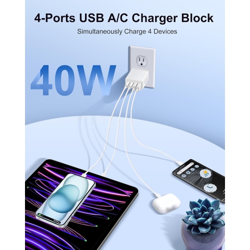 Chargeur mural USB-C, bloc de chargement double USB-C PD à 4 ports de 40 W + bloc de chargement multiport à 2 prises murales USB pour iPhone 16e