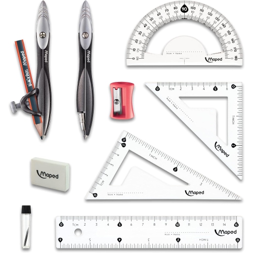 Maped Study Geometry 10 Piece Set, includes: 2 Metal Study Compasses, 2 Triangles, 6" Ruler, 4" Protractor, Pencil for Compass, Pencil Sharpener,