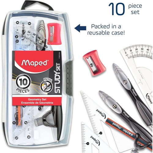 Maped Study Geometry 10 Piece Set, includes: 2 Metal Study Compasses, 2 Triangles, 6" Ruler, 4" Protractor, Pencil for Compass, Pencil Sharpener,