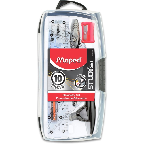 Maped Study Geometry 10 Piece Set, includes: 2 Metal Study Compasses, 2 Triangles, 6" Ruler, 4" Protractor, Pencil for Compass, Pencil Sharpener,