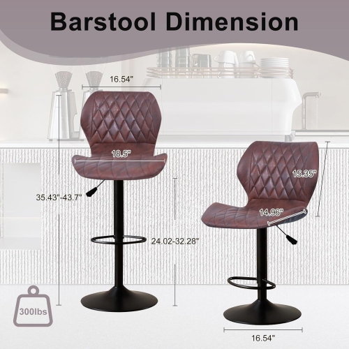 Bar Stools Set of 2, Swivel BarStools for Kitchen, Adjustable PU Leather Bar Chairs, Modern Armless Kitchen Island Stool, Height Adjustable Counter