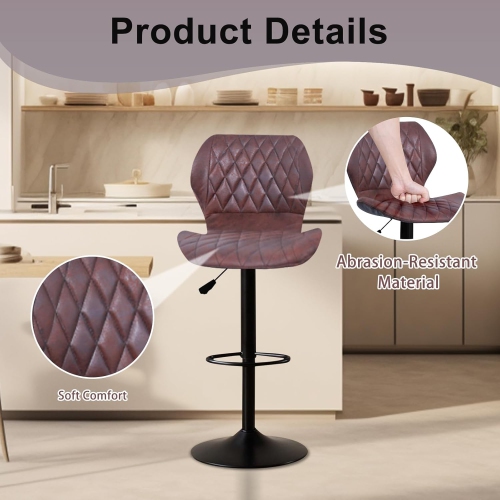 Bar Stools Set of 2, Swivel BarStools for Kitchen, Adjustable PU Leather Bar Chairs, Modern Armless Kitchen Island Stool, Height Adjustable Counter