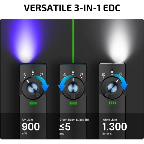 Lampe de poche rechargeable EDC Pro de 1300 lumens avec faisceau vert d'Olight Arkfeld - Noir froid blanc