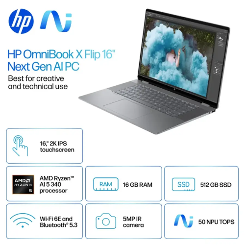 HP OmniBook X Flip 2 in 1, 16" 2K TouchScreen Laptop, Copilot+PC, AMD Ryzen AI 5, 16GB DDR5 2TB SSD, Windows 11 Home, Wi-Fi 6E, Long Battery Life,