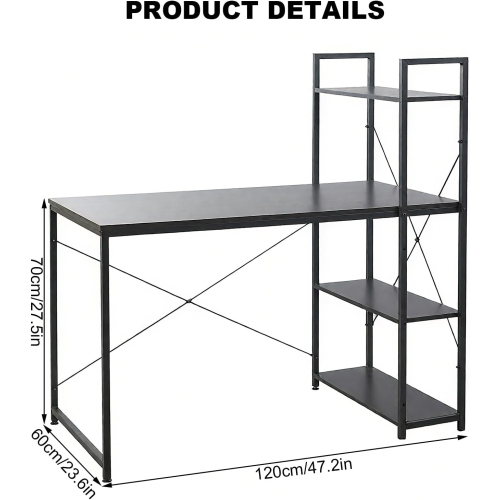 Ergonomic 47" Computer Desk with Bookshelf & Storage Shelves, Small Space Home Office Desk for Gaming Study Bedroom - Black