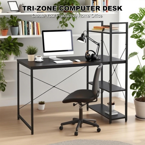 Ergonomic 47" Computer Desk with Bookshelf & Storage Shelves, Small Space Home Office Desk for Gaming Study Bedroom - Black