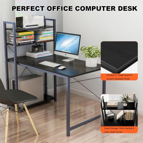 Ergonomic 47" Computer Desk with Bookshelf & Storage Shelves, Small Space Home Office Desk for Gaming Study Bedroom - Black