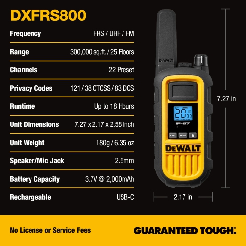 OPEN BOX 6 Dewalt DXFRS800 Walkie Talkies - 2 Watt, Heavy Duty, Waterproof, 22 Channels, Long Range & Rechargeable Two-Way Radio Set with VOX, 6 Pack