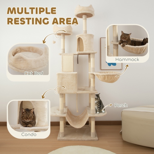 PawHut Cat Tower, 81" Cat Tree for Large Cats Adult w/ Scratching Posts, Scratching Board, Cat Condos, Cat Beds, Hammocks, Jumping Platforms, Toy