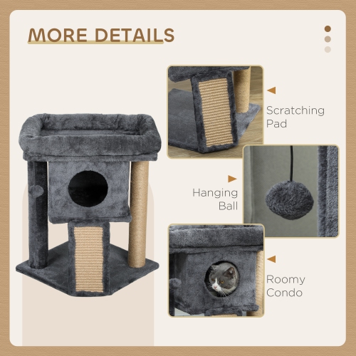 PawHut Cat Tree, Small Cat Tower with Perch, Scratching Post, Cat Condo, Toy Ball for Kitty, Indoor Use, Dark Grey