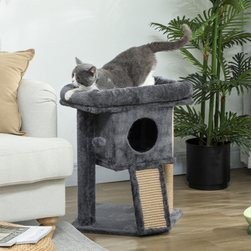 PawHut Cat Tree, Small Cat Tower with Perch, Scratching Post, Cat Condo, Toy Ball for Kitty, Indoor Use, Dark Grey