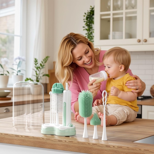 Momcozy 7 in 1 Electric Bottle Brush Kit, Portable Cleaning Set with Formula Mixer, Silicone Brush, Nipple Brush, Straw Brush, Soap Dispenser, Drying