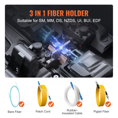 VEVOR 4-Motor Fiber Fusion Splicer, Clad Alignment, 6s Splicing & 13s Heating, Fiber Splicer Machine with 5" Touch Screen, 3 in 1 Fiber Holder,