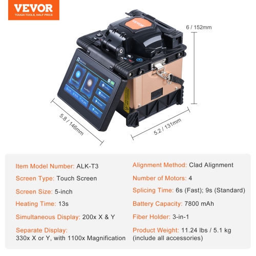 VEVOR 4-Motor Fiber Fusion Splicer, Clad Alignment, 6s Splicing & 13s Heating, Fiber Splicer Machine with 5" Touch Screen, 3 in 1 Fiber Holder,