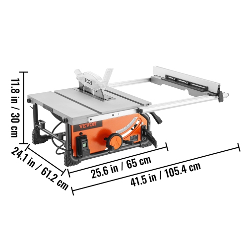 VEVOR 10-inch Table Saw for Jobsite, 15-Amp, 25in Max Rip Capacity, Cutting Speed up to 4500RPM, 40T Blade, with Sliding Miter Gauge for DIY