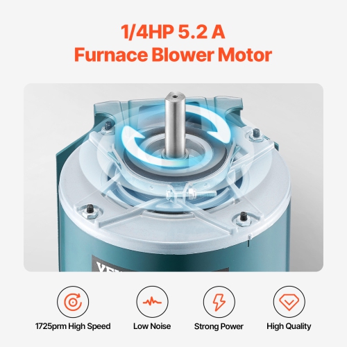 VEVOR 1/4HP Furnace Blower Motor 1725RPM, 115V 5.2A Belt Drive Blower Motor Single Phase - 0.39" Shaft Diameter, 0.78" Shaft Length, CW/CCW Rotation