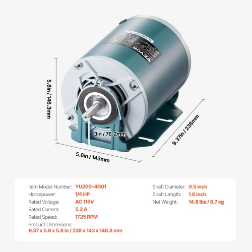VEVOR 1/4HP Furnace Blower Motor 1725RPM, 115V 5.2A Belt Drive Blower Motor Single Phase - 0.39" Shaft Diameter, 0.78" Shaft Length, CW/CCW Rotation