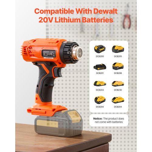 VEVOR 1022℉ Heat Cordless Heat Gun, Hot Air Gun Compatible with DEWALT 20V Lithium Batteries, LED Light, 6 Temp & 4 Nozzles, Ideal for Shrink Tubing,