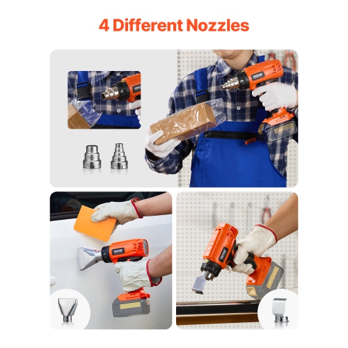 VEVOR 1022℉ Heat Cordless Heat Gun, Hot Air Gun Compatible with DEWALT 20V Lithium Batteries, LED Light, 6 Temp & 4 Nozzles, Ideal for Shrink Tubing,