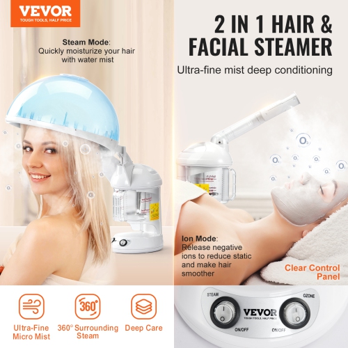 VEVOR 2-in-1 Hair Steamer, Professional Hair & Facial Steamer with Detachable Bonnet Hood, Nano Ionic & UV Ozone Face Steamer with 360° Rotatable