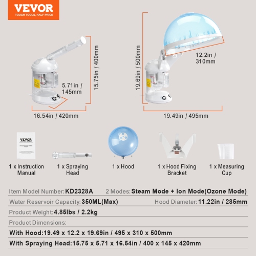 VEVOR 2-in-1 Hair Steamer, Professional Hair & Facial Steamer with Detachable Bonnet Hood, Nano Ionic & UV Ozone Face Steamer with 360° Rotatable