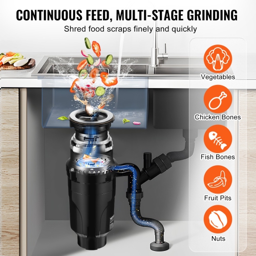 VEVOR 1/2HP Garbage Disposal, 3450RPM Continuous Feed Food Waste Disposer, EZ Connect Food Waste Grinding System with Power Cord & Splash Guard for